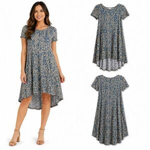 LuLaRoe Carly Dress XXS Blue Beige Geometric Hi-Low